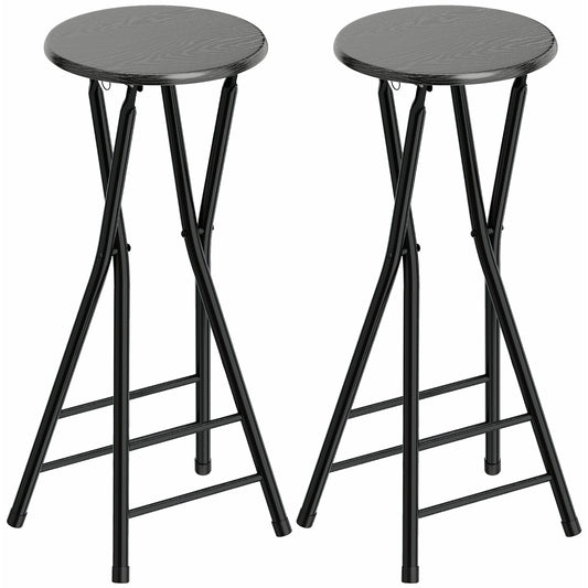 Set 2 Scaune de Bar Pliabile cu Suport Dublu pentru Picioare, din Lemn și Oțel, 34x30x70 cm, Negru