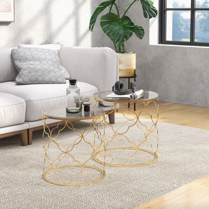 Set de 2 mese de living suprapozabile art deco din metal cu blat din sticlă, auriu