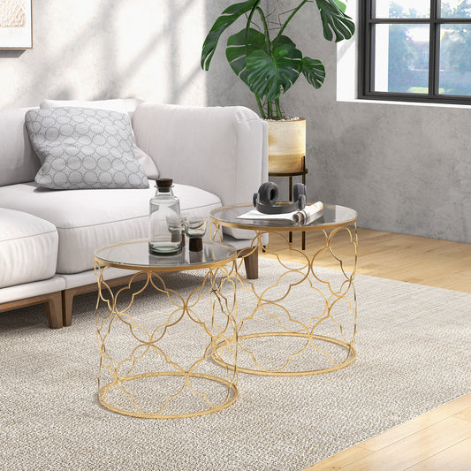 Set de 2 mese de living suprapozabile art deco din metal cu blat din sticlă, auriu