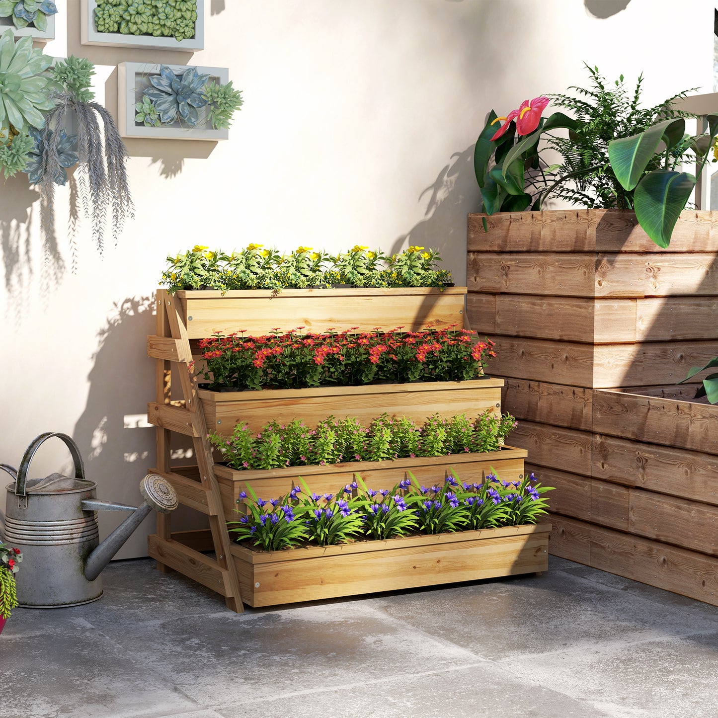 Jardinieră înălțată cu 4 niveluri, cu orificii de drenaj și material netesut, din lemn de brad, 75x57x60,5 cm