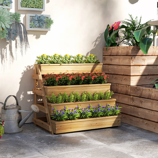 Jardinieră înălțată cu 4 niveluri, cu orificii de drenaj și material netesut, din lemn de brad, 75x57x60,5 cm