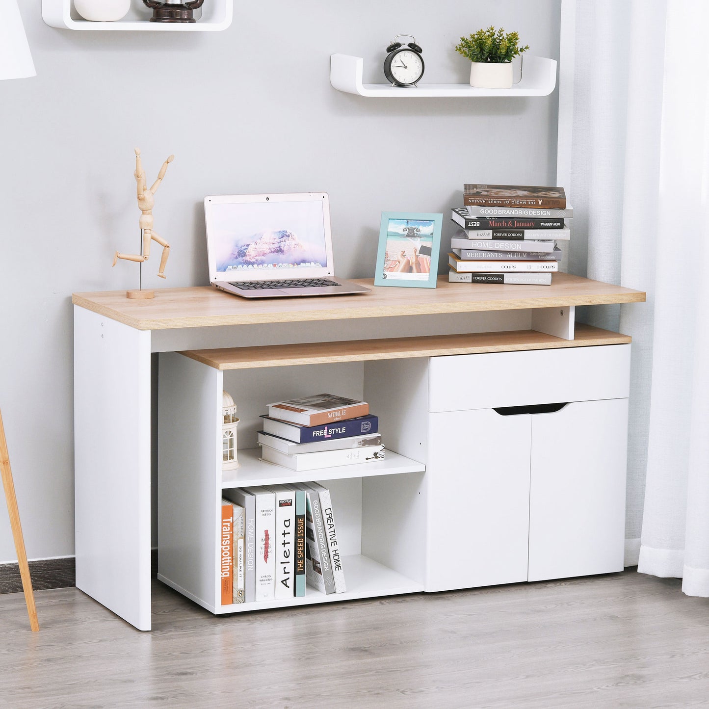 Birou cu Blat Extensibil pentru PC și Bibliotecă, 140x117x76 cm, Alb