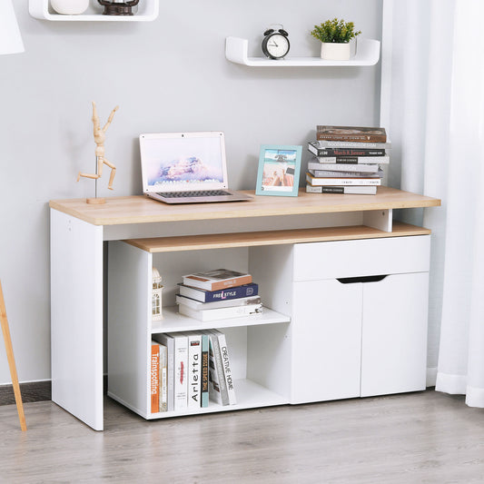 Birou cu Blat Extensibil pentru PC și Bibliotecă, 140x117x76 cm, Alb