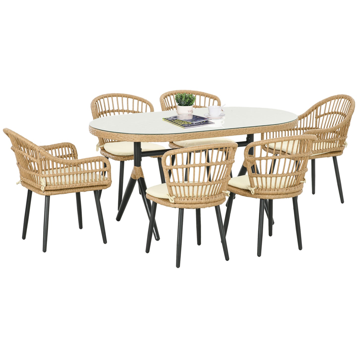 Set de Grădină 7 Piese din Ratan PE cu Masă de Dining 153x89x74 cm și 6 Scaune 52x62x78 cm cu Perne