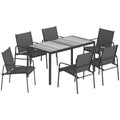 Set Masă și Scaune de Grădină 7 piese cu 6 Scaune Respirabile din Textilenă și Măsuță de Cafea cu Aspect Lemn, Negru