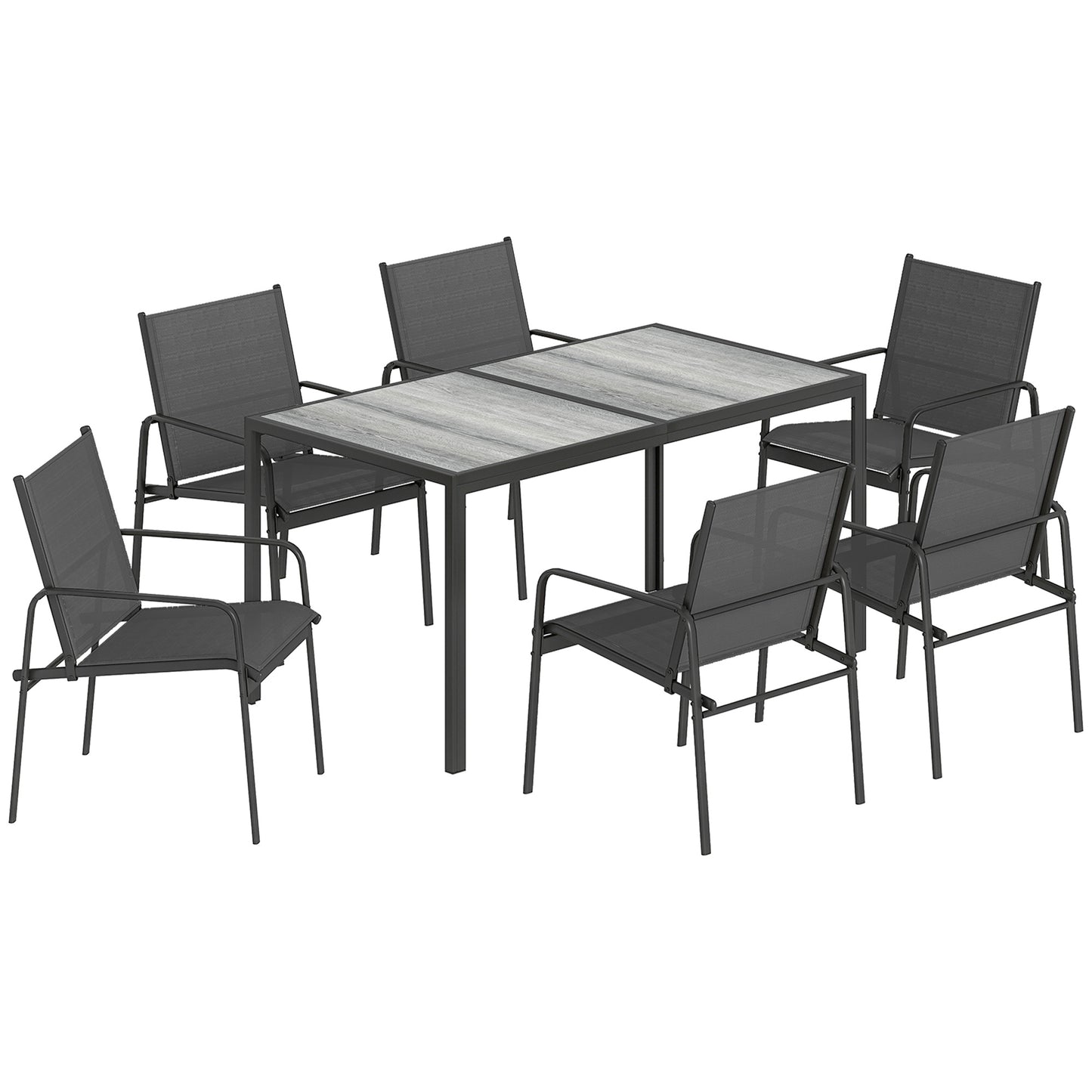 Set Masă și Scaune de Grădină 7 piese cu 6 Scaune Respirabile din Textilenă și Măsuță de Cafea cu Aspect Lemn, Negru