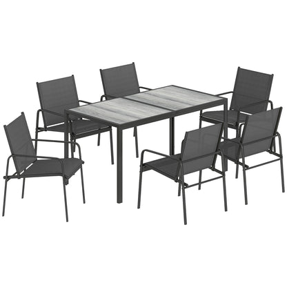 Set Masă și Scaune de Grădină 7 piese cu 6 Scaune Respirabile din Textilenă și Măsuță de Cafea cu Aspect Lemn, Negru