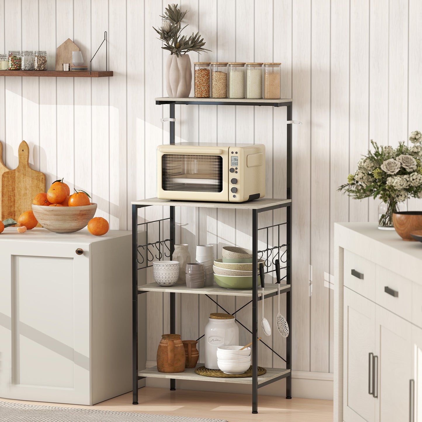 Raft Bucătărie 4 Nivele cu Panouri de Plasă și 8 Cârlige Stil Industrial, 60x42x134.5 cm, Stejar