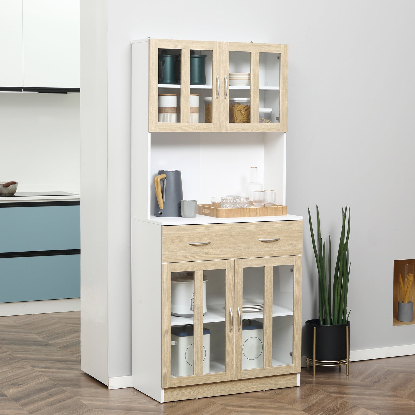 Credenta Lemn Bucatarie cu Sertare & Usi Sticla, 80×40×180 cm