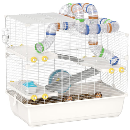 Cușcă pentru Hamsteri cu 4 Niveluri, Tuburi, Roată, 3 Uși și Tavă, 78x45x73 cm, Alb