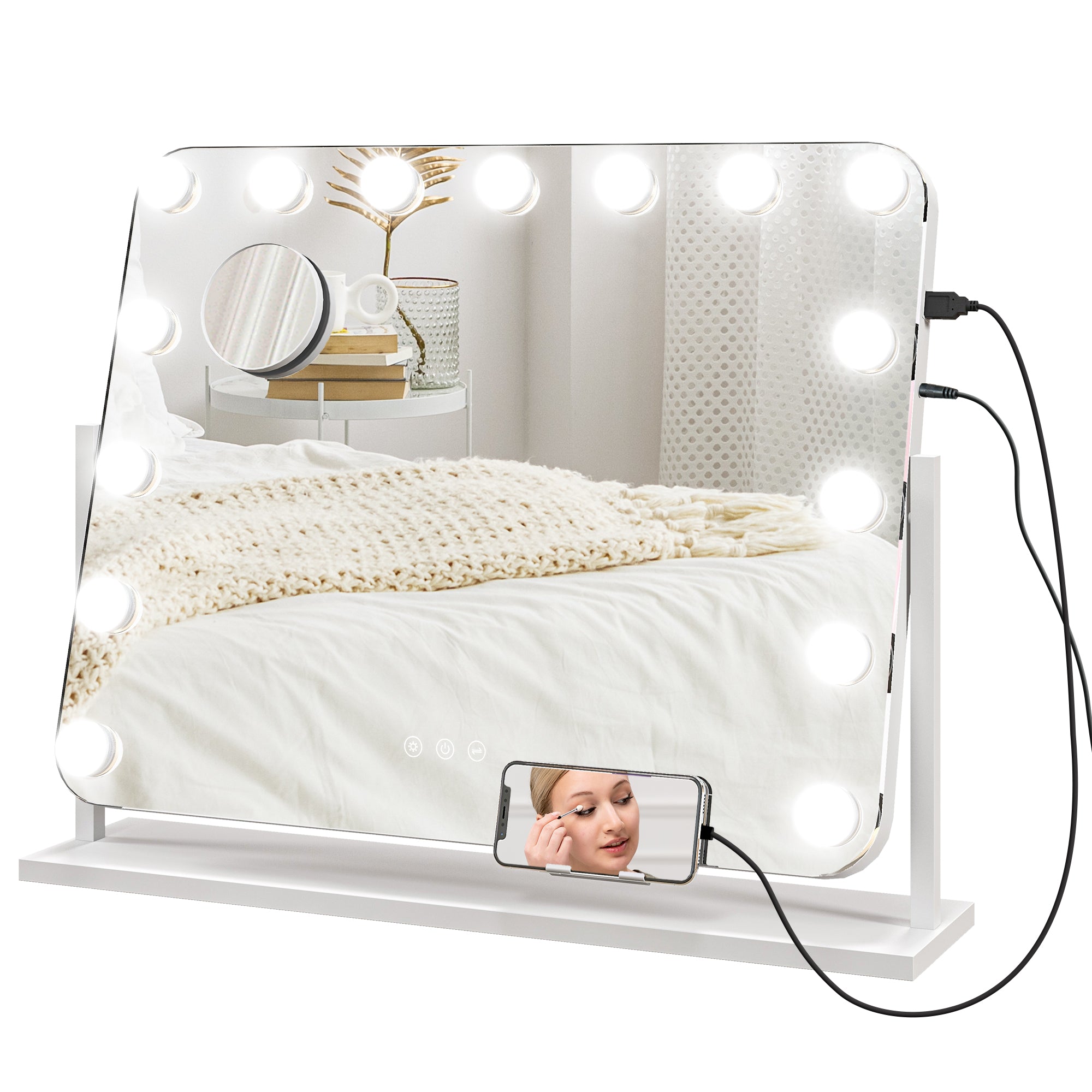 Oglindă de Machiaj cu 14 Lumini LED Regulabile și Încărcare USB, din Sticlă și Metal, 62.5x14x49.5 cm, Alb