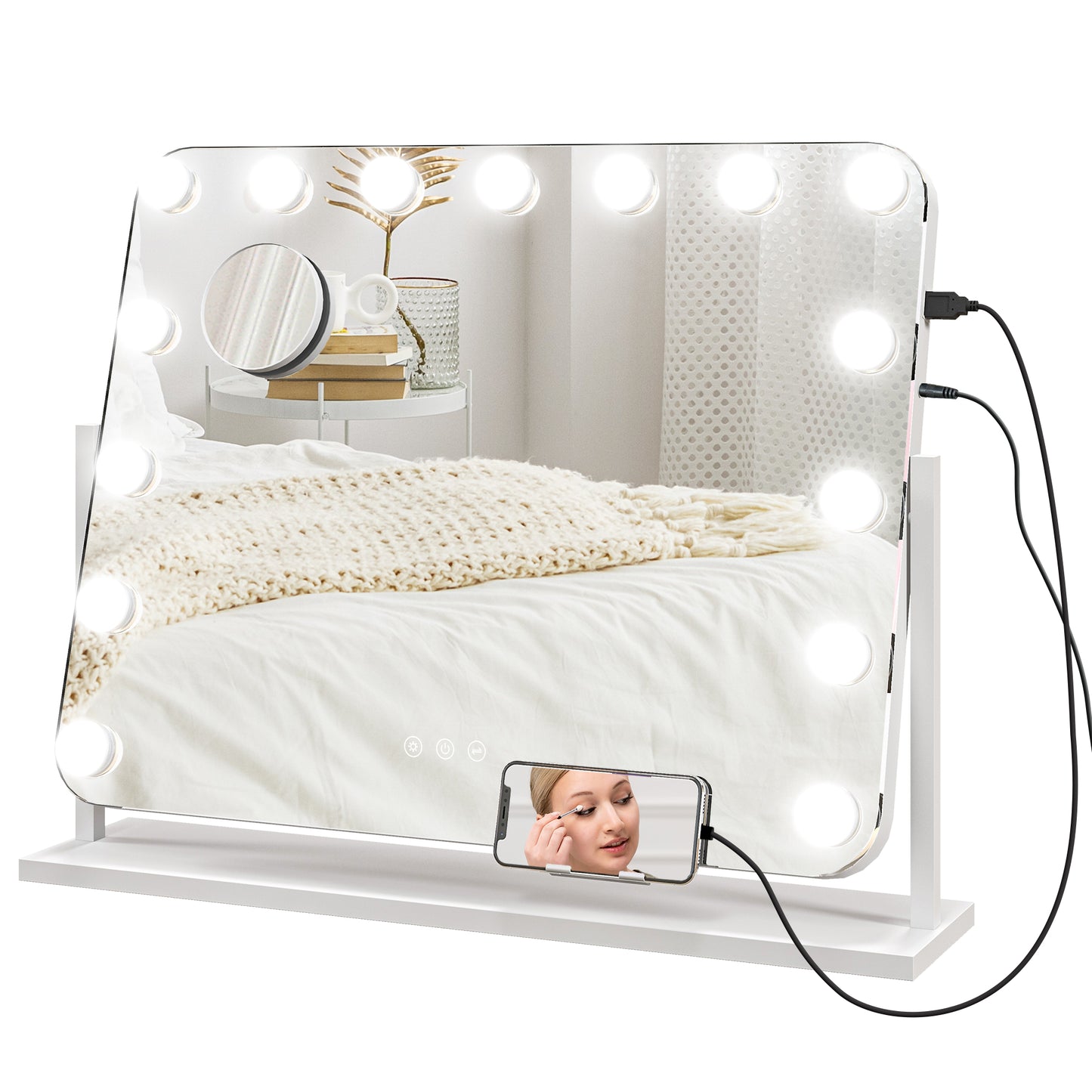 Oglindă de Machiaj cu 14 Lumini LED Regulabile și Încărcare USB, din Sticlă și Metal, 62.5x14x49.5 cm, Alb