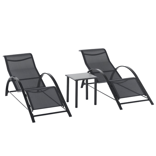 Set 2 Șezlonguri de Grădină și Măsuță cu Raft, Material Respirabil și Cadru Metalic, 59x169x66 cm, Negru
