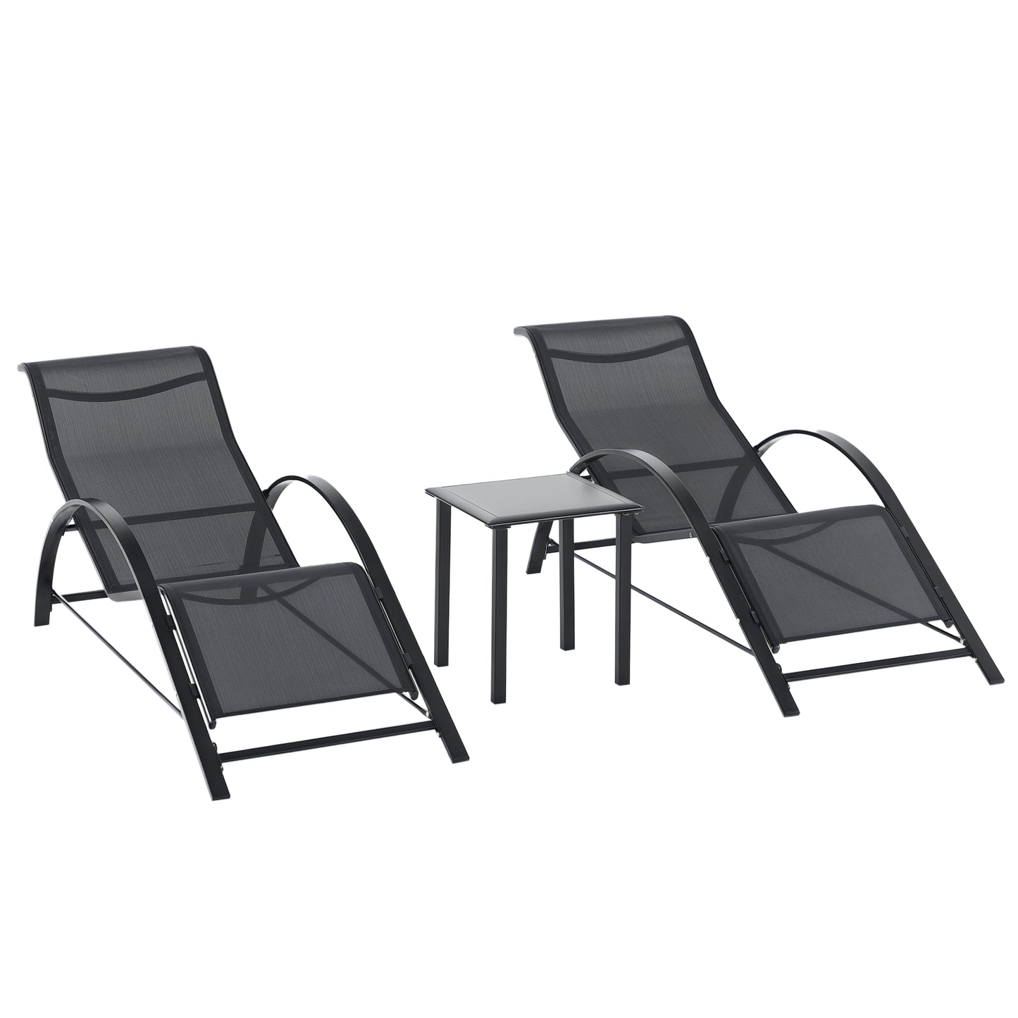 Set 2 Șezlonguri de Grădină și Măsuță cu Raft, Material Respirabil și Cadru Metalic, 59x169x66 cm, Negru