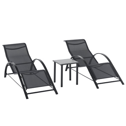 Set 2 Șezlonguri de Grădină și Măsuță cu Raft, Material Respirabil și Cadru Metalic, 59x169x66 cm, Negru