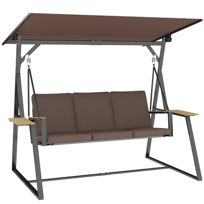Leagăn de grădină cu 3 locuri, cu copertină reglabilă, cadru metalic, suporturi pentru pahare, perne moi, greutate suportată 360 kg, pentru terasă sau balcon, 222x131x175 cm, maro