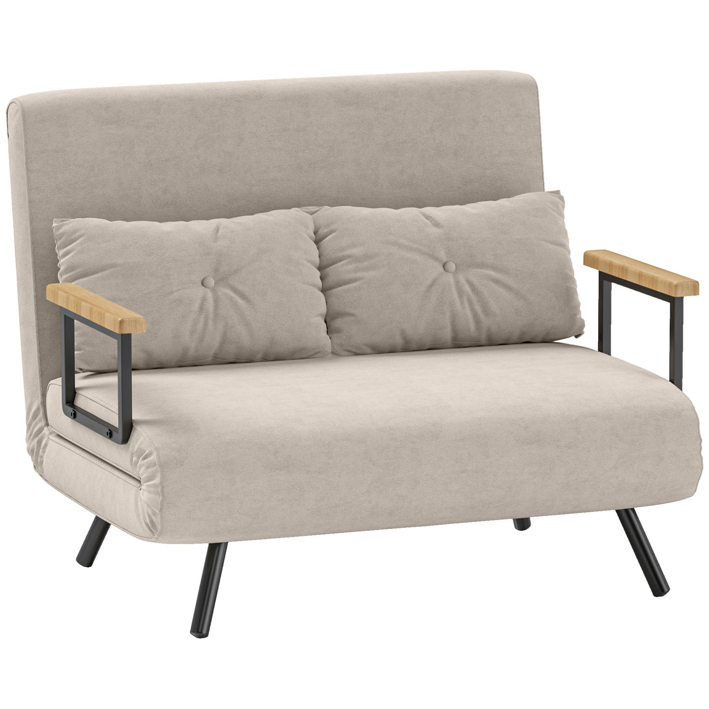 Canapea Pat de 2 Locuri cu Spătar Reglabil pe 5 Nivele și 2 Perne din Material Capitonat, 102x73x81 cm, Crem Alb