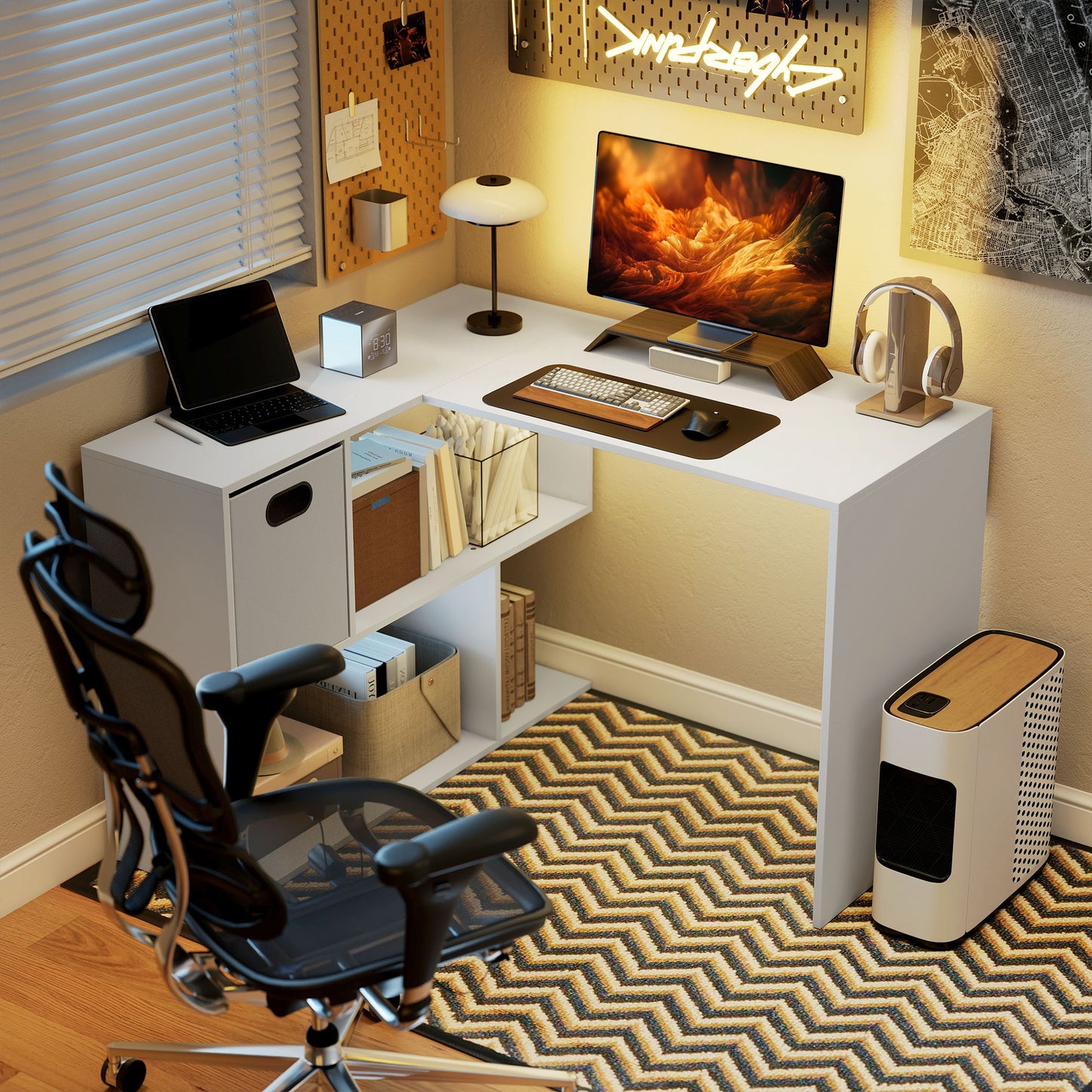 Birou în Formă de L pentru Computer, 110x100 cm, Birou cu Raft și Sertar din Material Textil, Masă PC pentru Dormitor, Birou și Cameră de Studiu, Alb