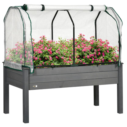 Pat pentru Grădină Ridicat cu Acoperiș din PE, Jardinieră Ridicată din Brad cu 4 Găuri de Drenaj, pentru Flori și Legume, pentru Grădină, Balcon, 121x55x117 cm, Gri Închis
