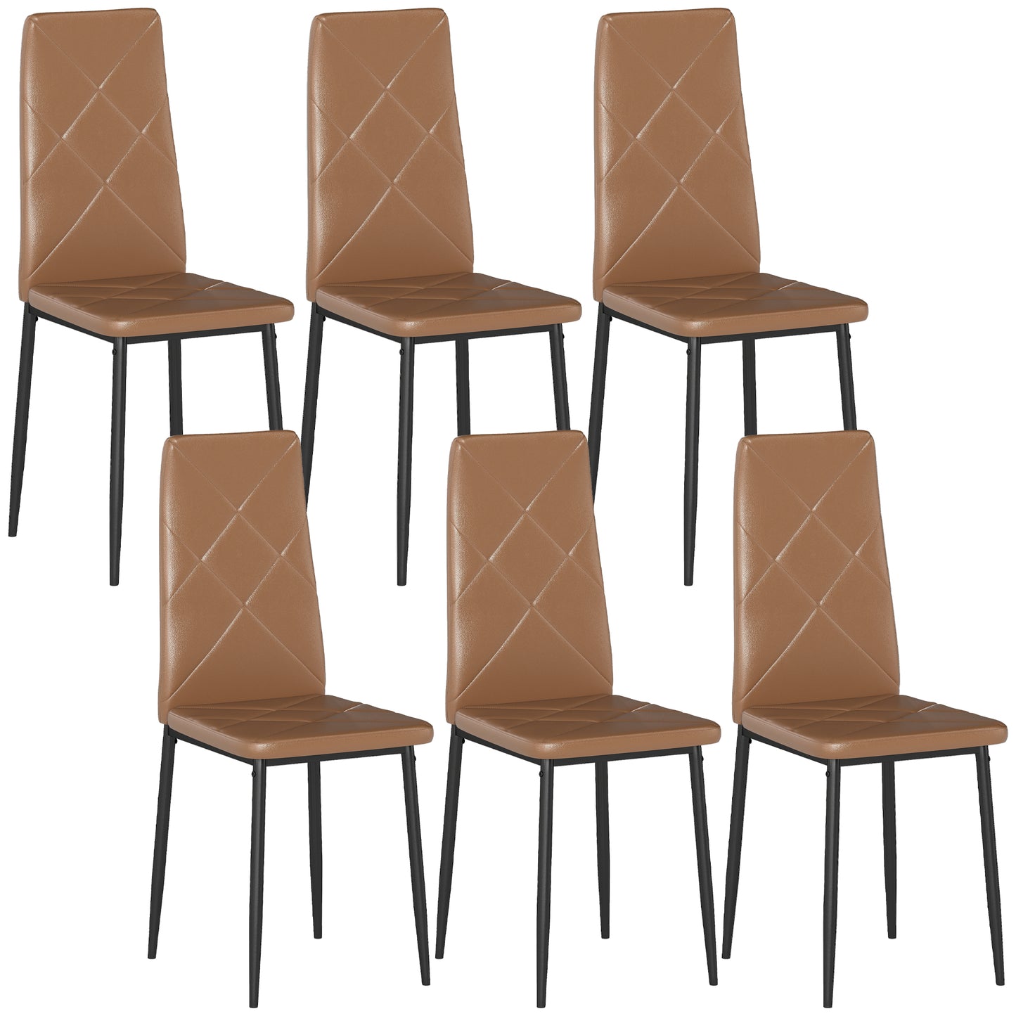 , Set de 6 Scaune de Dining Moderne, Cu Spătar Înalt, din Piele Ecologică și Oțel, 41x50x97 cm, Maro
