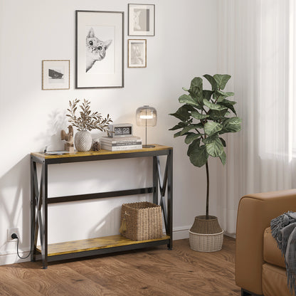 Consolă de Intrare Stil Industrial cu Prize Electrice și USB, Lemn și Oțel, 100x24x75cm, Maro