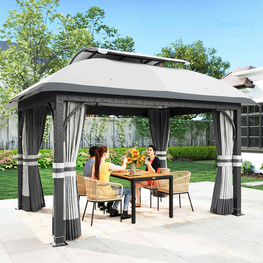 Pavilion de grădină 4x3 m cu plase împotriva țânțarilor și acoperiș dublu, din metal și poliester, gri deschis