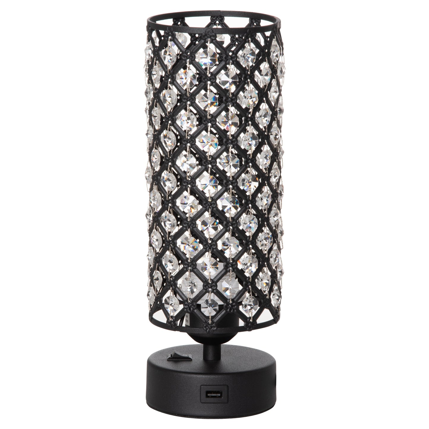 Lampa de Masa cu Abajur din Cristal si 2 Porturi USB, Intensitatea Luminii Reglabila Touch Ф10,8 x 30 cm, Negru
