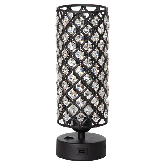 Lampa de Masa cu Abajur din Cristal si 2 Porturi USB, Intensitatea Luminii Reglabila Touch Ф10,8 x 30 cm, Negru