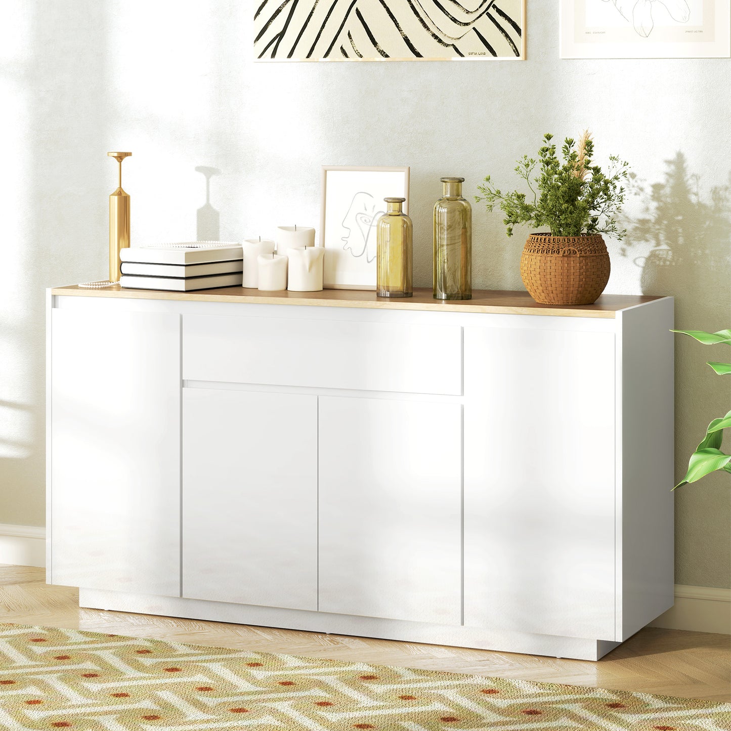 Bufet de Bucătărie cu 3 Dulapuri și 4 Uși cu Îchidere Lină, Mobilier Modern cu Sertar, 140x40x75 cm, Alb