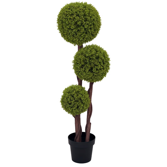 Plantă Artificială de Buxus cu 3 Sfere, Ghiveci Inclus și Bază Întărită, Ø19,5x115 cm, Verde