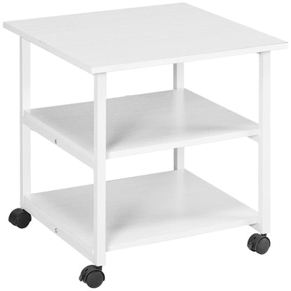 Raft Mobil pentru Imprimantă cu 3 Etajere și 4 Roți, Lemn și Oțel, 50x50x52,5cm, Alb