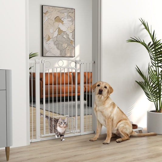 Poartă Reglabilă pentru Câini 76-104 cm, Înălțime 106 cm, cu 2 Extensii, Albă