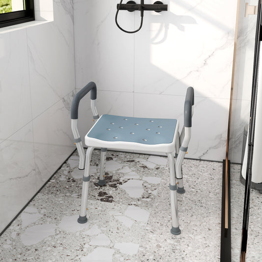 Taburet pentru Duș Reglabil cu Brațe și Orificii de Drenaj, din Aluminiu, HDPE și EVA, 52x45x57-69 cm