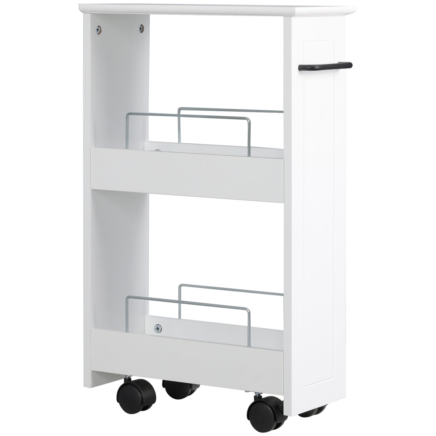 Carucior multifunctional pentru economisirea spatiului pentru baie si bucatarie, carucior din lemn MDF cu roti pivotante si maner, 42,5x20,3x66,7cm, alb