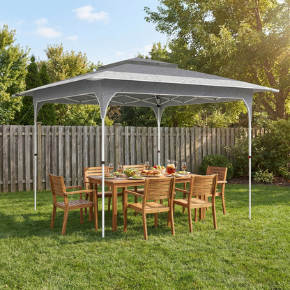 Pavilion Pop-Up pliabil 3.5x3.5 m cu acoperiș dublu și geantă, din metal și material Oxford, gri închis