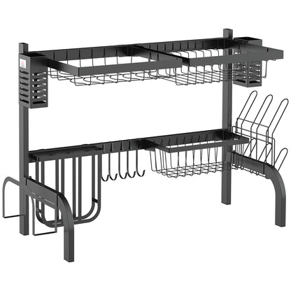Suport pentru Vase Modulabil de Chiuvetă cu 2 Niveluri, Picioare Antialunecare, din Oțel, 65x31,5x52,5 cm, Negru
