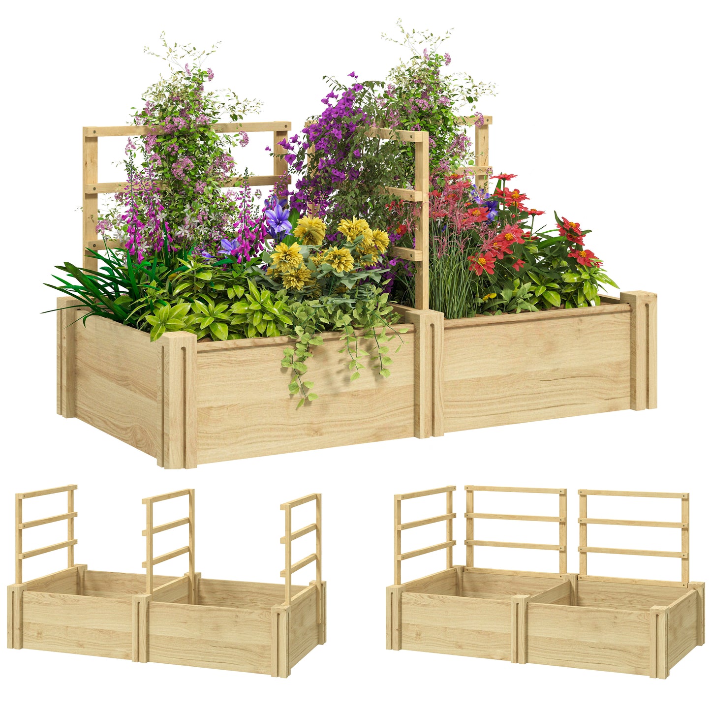 Jardinieră Înălțată din Lemn cu 3 Suporturi pentru Plante, 119x62,5x64 cm, Natural