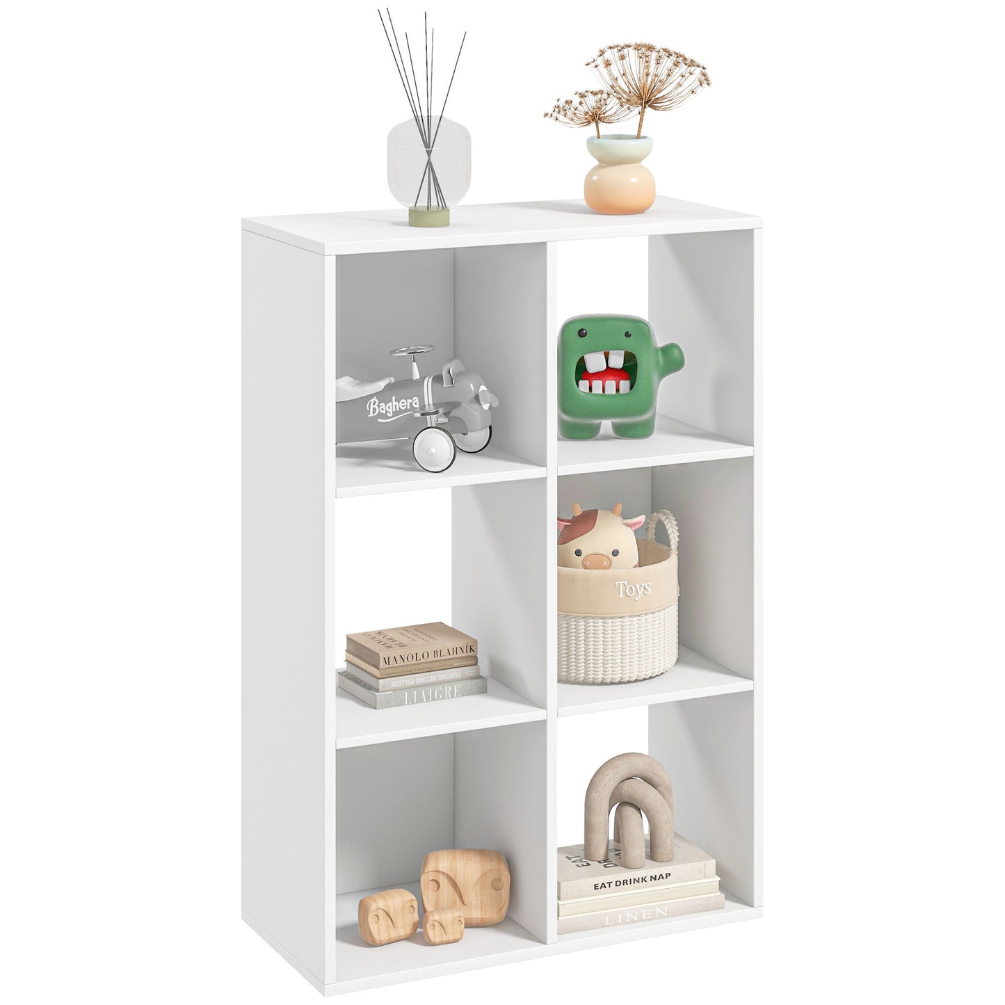 Etajeră cu 6 Compartimente Cub, Bibliotecă Joasă și Organizator pentru Jucării sau Cărți, 91.5x29.5x61.5cm, Alb