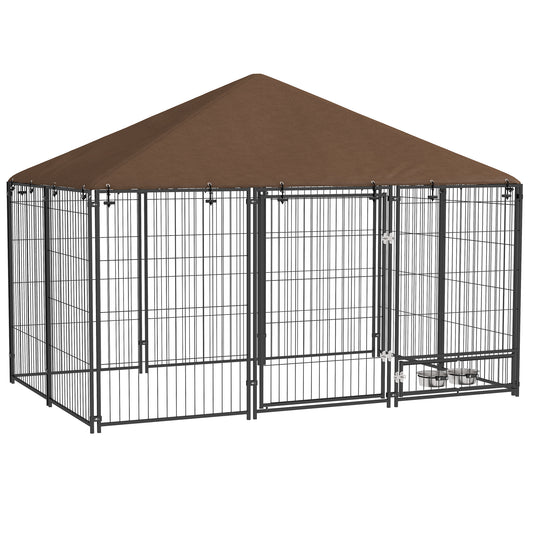 Țarc pentru câini din metal și material Oxford cu ușiță pentru boluri, 211x141x151 cm, negru și maro