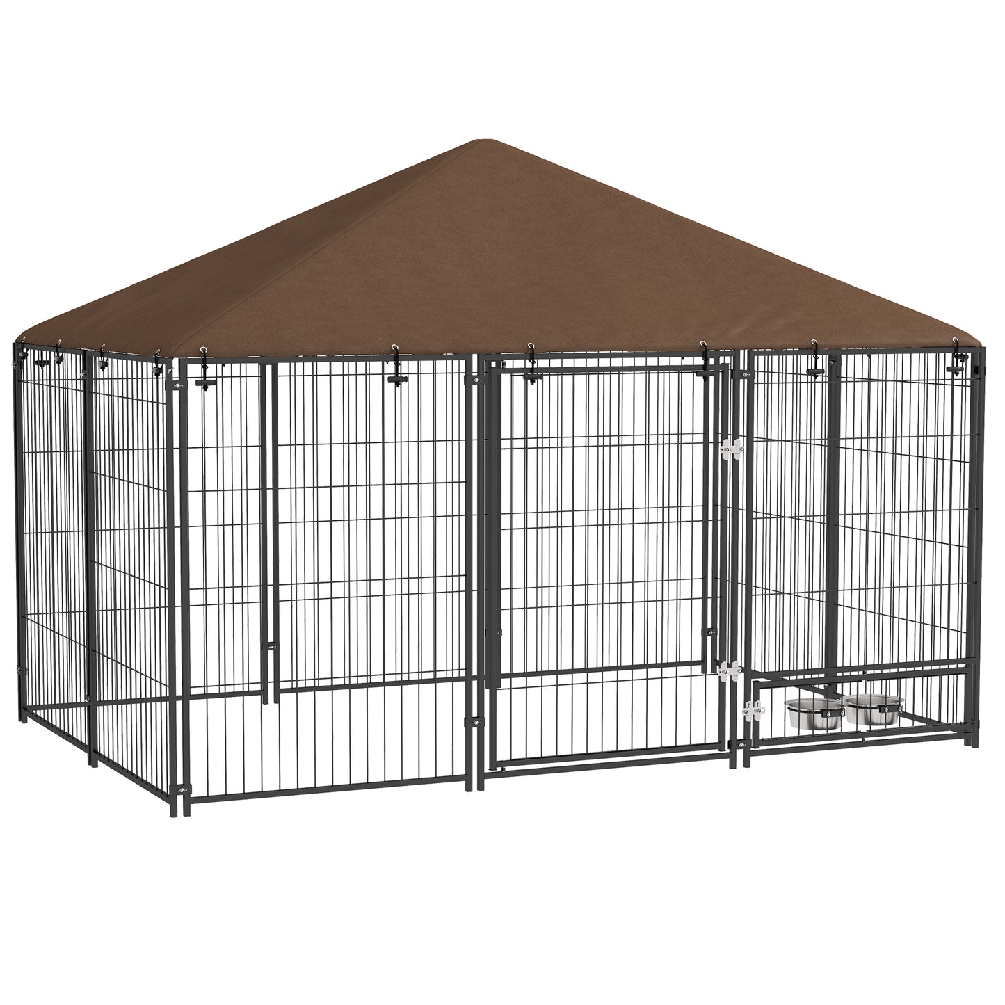 Țarc pentru câini din metal și material Oxford cu ușiță pentru boluri, 211x141x151 cm, negru și maro