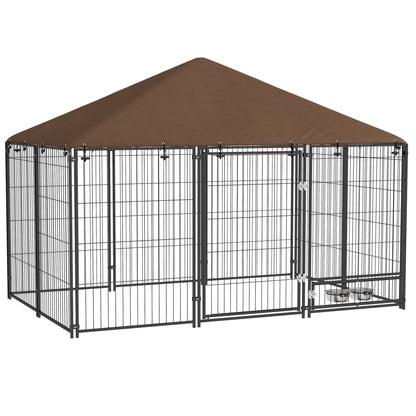 Țarc pentru câini din metal și material Oxford cu ușiță pentru boluri, 211x141x151 cm, negru și maro