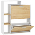 Dulap Slim pentru Pantofi cu 2 Sertare Rabatabile, Dulap Intrare cu Rafturi Reglabile, 3 Rafturi Deschise, Spațiu pentru 8 Perechi de Pantofi, Alb și Lemn Natural, 80x26x90 cm