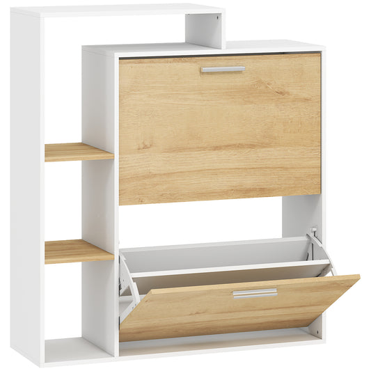 Dulap Slim pentru Pantofi cu 2 Sertare Rabatabile, Dulap Intrare cu Rafturi Reglabile, 3 Rafturi Deschise, Spațiu pentru 8 Perechi de Pantofi, Alb și Lemn Natural, 80x26x90 cm