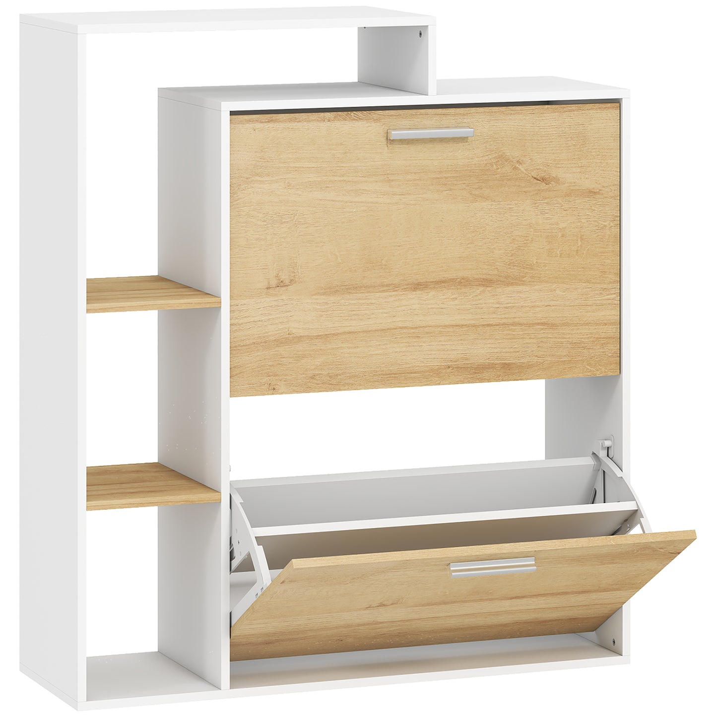 Dulap Slim pentru Pantofi cu 2 Sertare Rabatabile, Dulap Intrare cu Rafturi Reglabile, 3 Rafturi Deschise, Spațiu pentru 8 Perechi de Pantofi, Alb și Lemn Natural, 80x26x90 cm