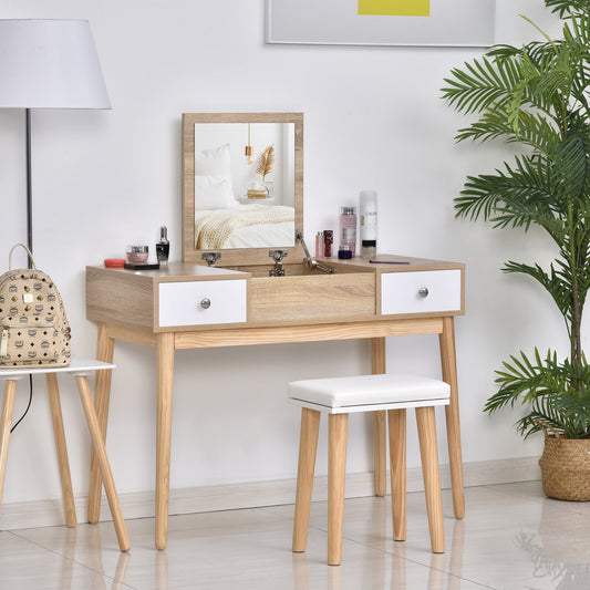Set Masa Toaleta – Alb, Cu Oglinda Glisanta & Scaun Tapitat
