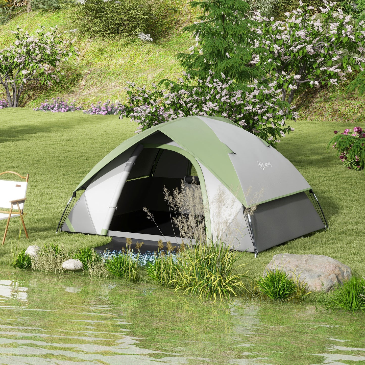 Cort de Camping cu 3 Locuri, Geam din Plasă și Cârlig Felinar, Cort de Camping din PE, 270x210x150 cm, Verde