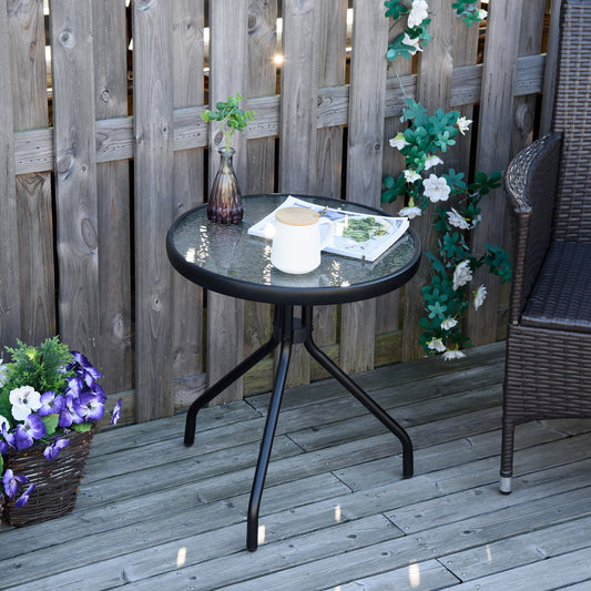 Masuta de Gradina Rotunda  cu Etajera din Sticla si Structura Metalica, Φ50x55cm, Negru