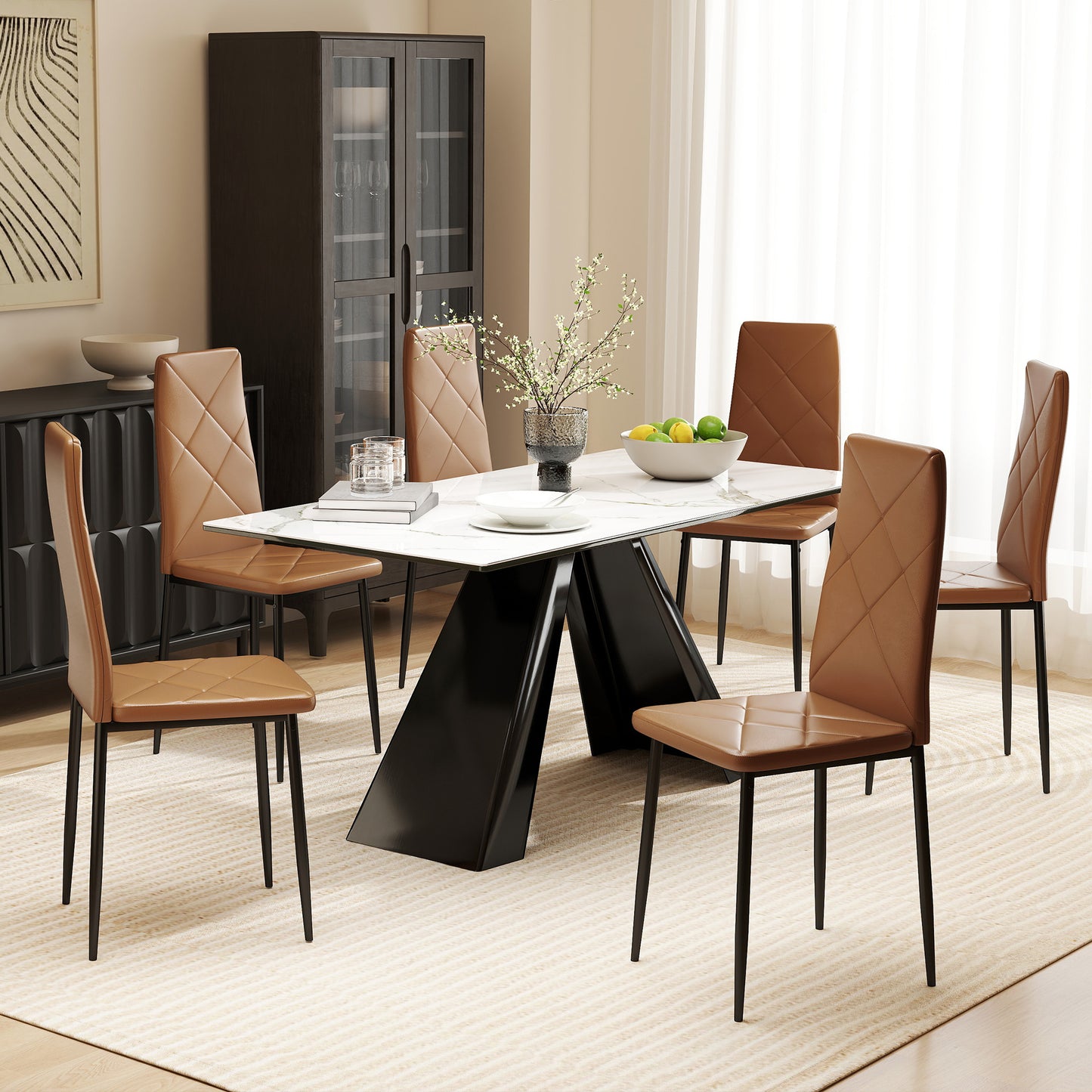 , Set de 6 Scaune de Dining Moderne, Cu Spătar Înalt, din Piele Ecologică și Oțel, 41x50x97 cm, Maro