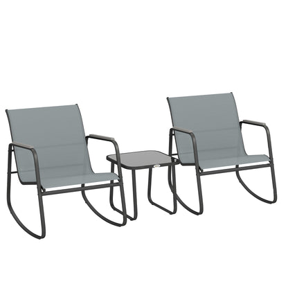 Set Bistro din 3 Piese, Set de Grădină cu 2 Scaune de Exterior cu Mișcare de Legănare din Textilenă Respirabilă, Masă cu Blat din Sticlă, Set Masă și Scaune din Oțel pentru Terasă și Balcon, Gri