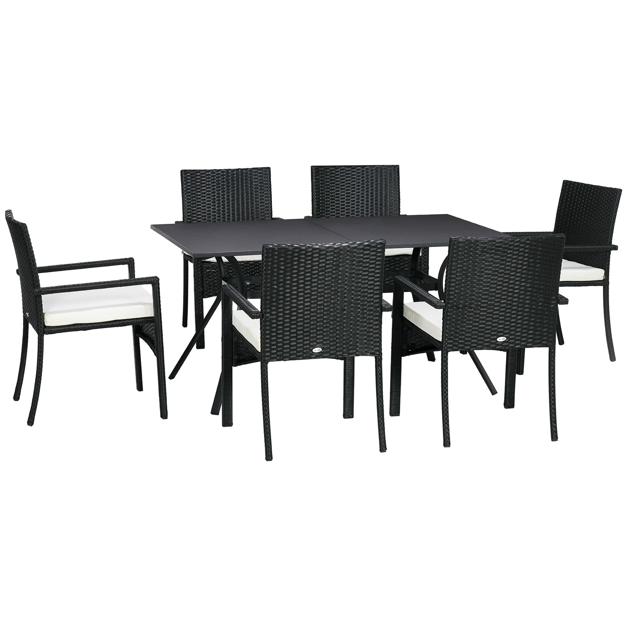 Set Grădină 7 Piese din Ratan PE cu Masă de 150x90x72 cm și 6 Scaune de 58x62x87 cm cu Perne